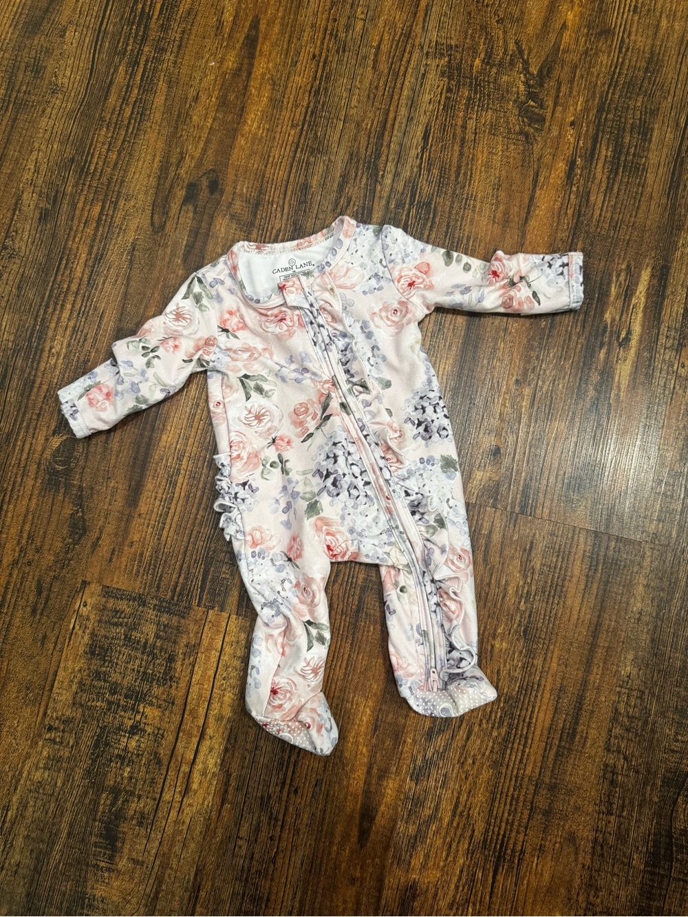 Caden Lane Pink & Lavender Floral Ruffle Footed One-Piece